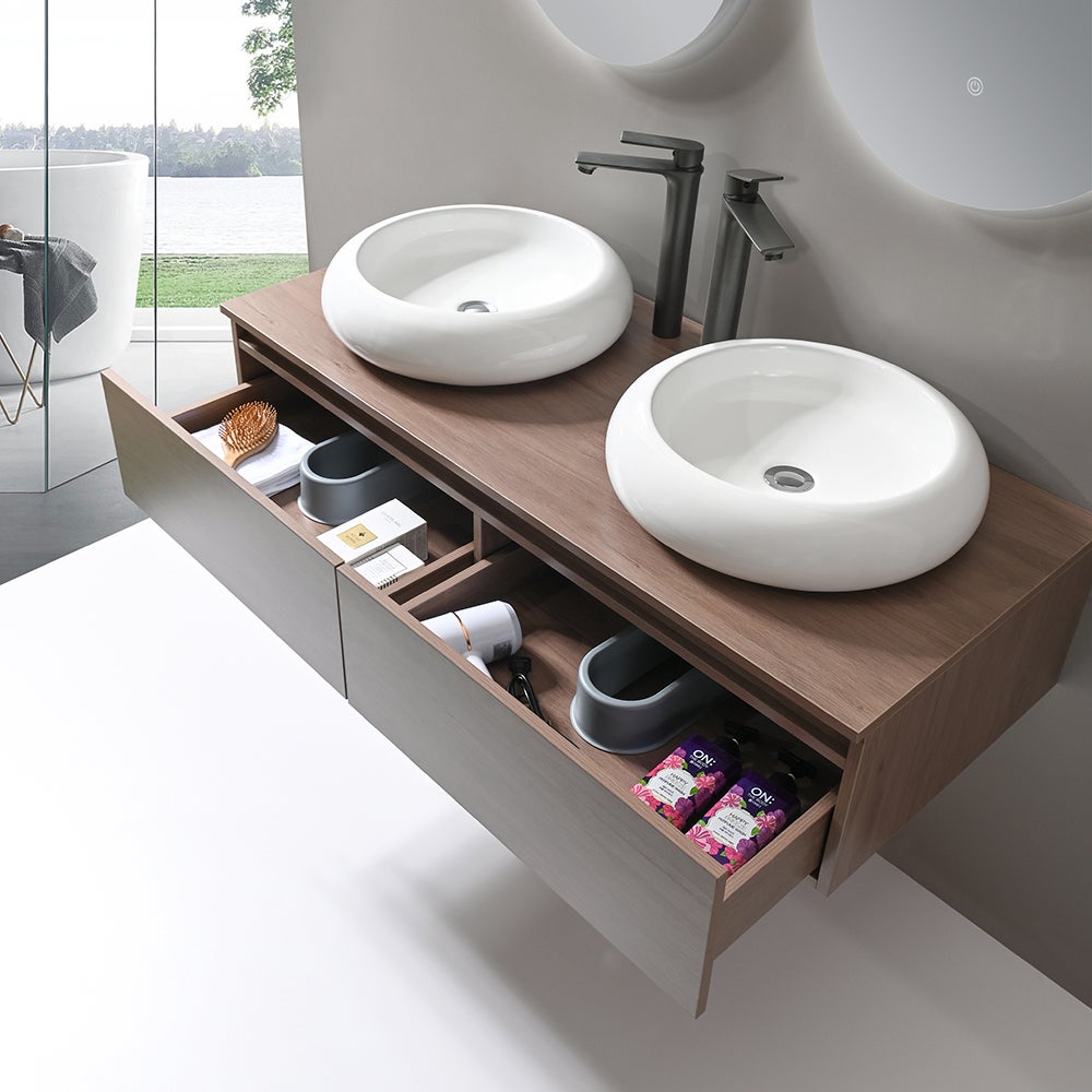 LuxuryBain - Meuble de salle de bain double vasque 120cm bois foncé avec miroir led - 3