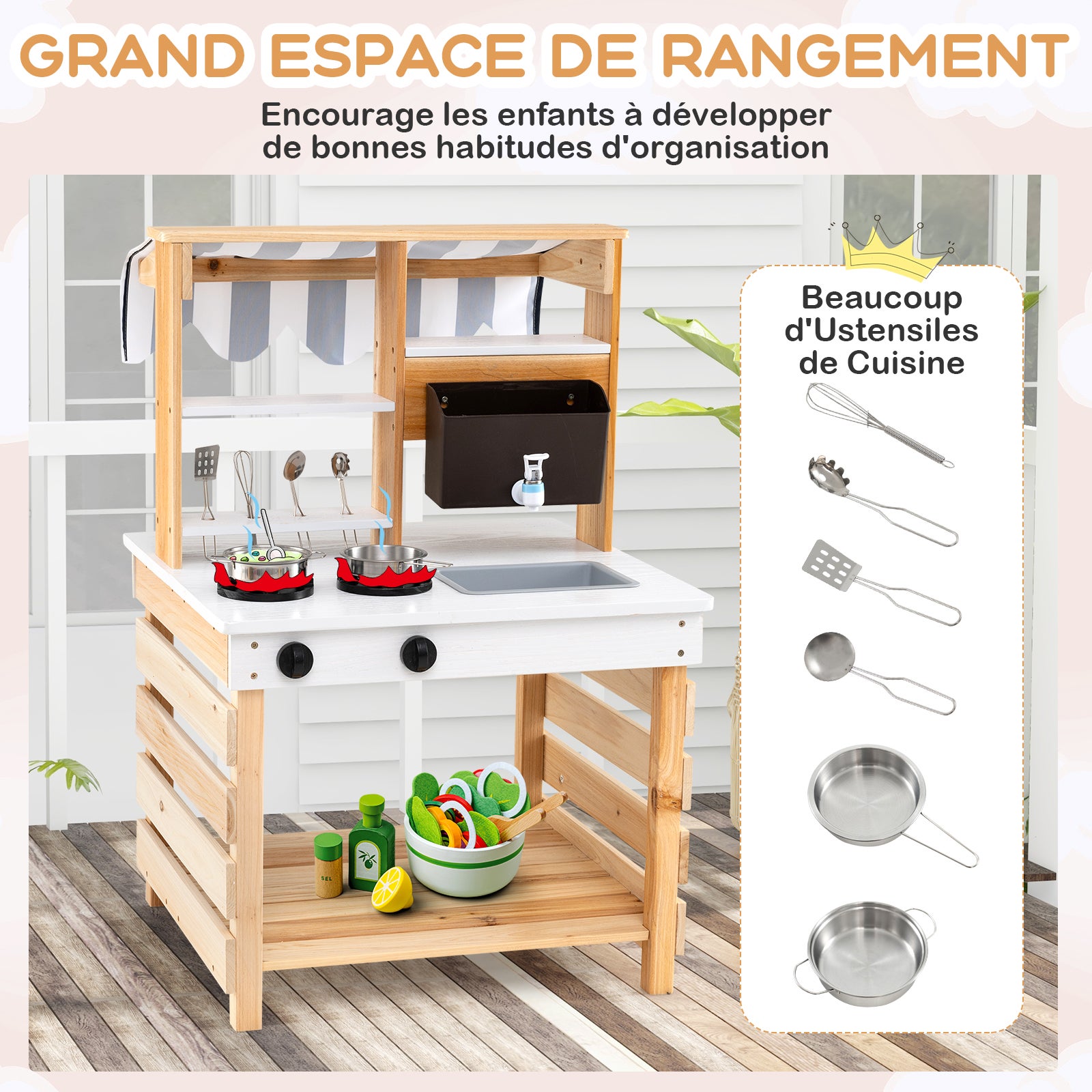 Cuisine Enfant Double Face avec Réservoir à Eau & Evier Amovible, Jeu de Cuisine en Bois avec Auvent & 6 Accessoires, pour 3 Ans+, Naturel - 7