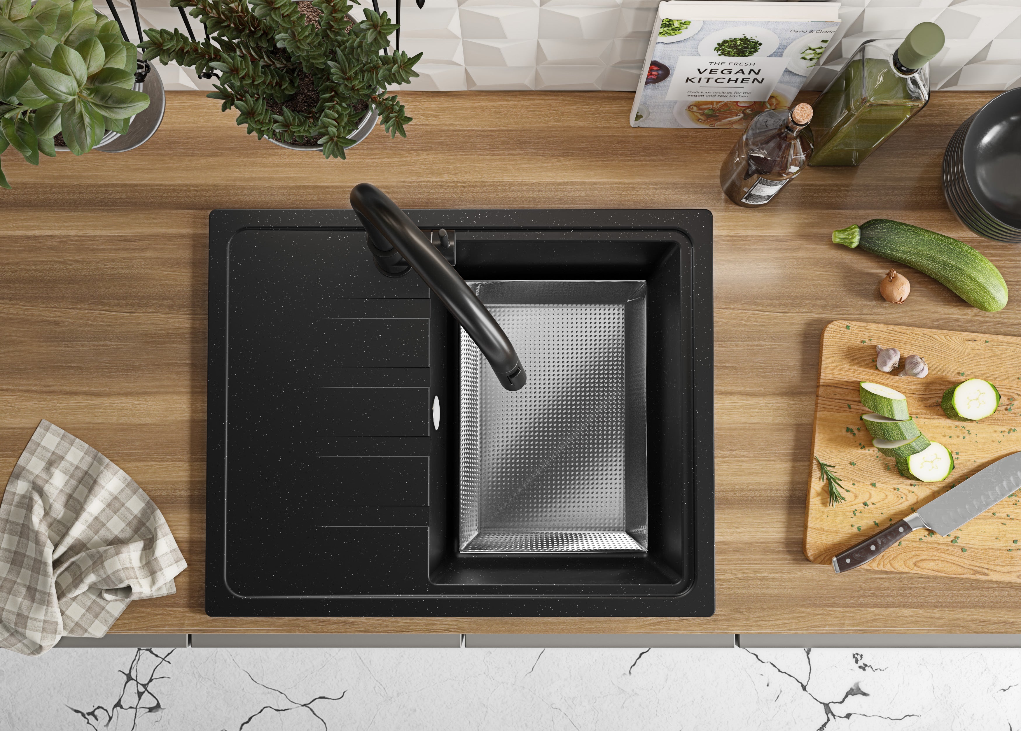 Evier Cuisine en Granit Noir Métallisé 62x50cm, Lavabo 1 bac + Kit de Vidage, Évier à Encastrer au meuble 40cm - Milan PRIMAGRAN - 4