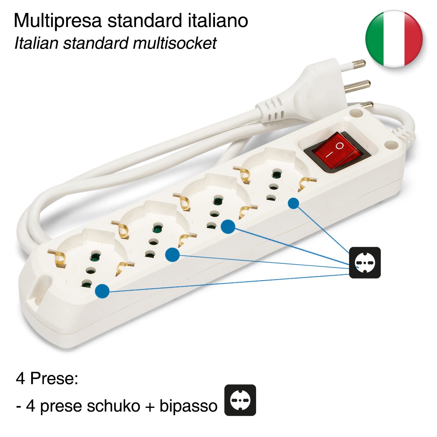 Multiprise italienne 4 entrées, câble de 1,5 m et prise compacte - 7