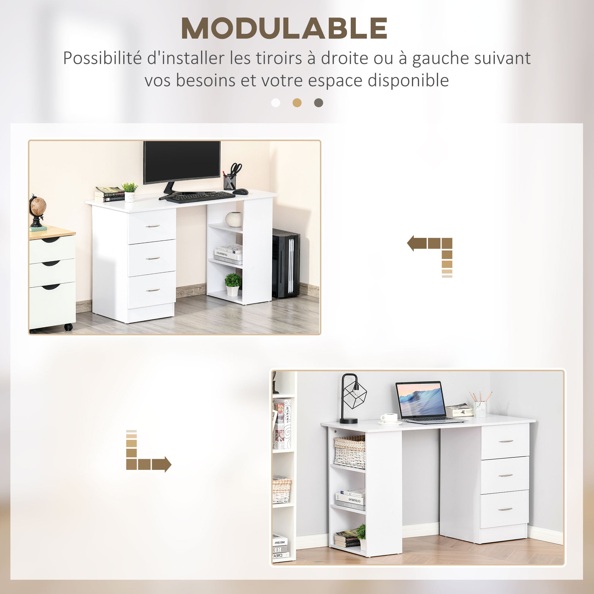 Bureau avec rangement, table informatique 120 x 50 cm, bureau d'ordinateur avec étagères et tiroirs, pour petits espaces, chambre à coucher, blanc - 8