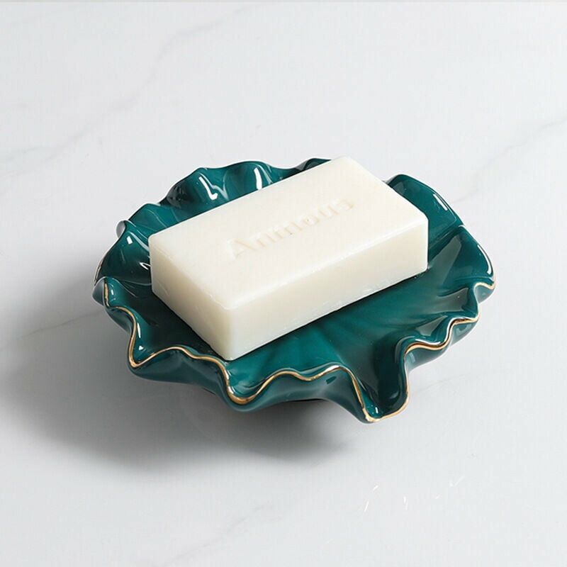 Ceramiczna mydelniczka, mydelniczka z odpływem, mydelniczka łazienkowa w kształcie liścia lotosu (zielona)