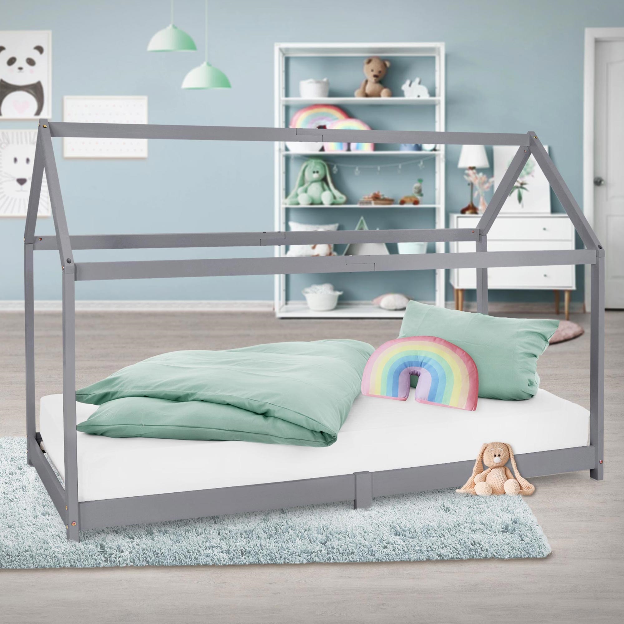 ML-Design łóżko domek 90x200 cm jasnoszare z dachem i stelażem listwowym z litego drewna sosnowego stabilne łóżko dziecięce dla chłopców i dziewczynek