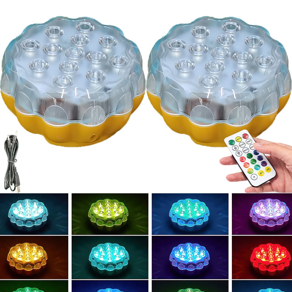 Zestaw 2 ładowalnych lamp basenowych z pilotem, zanurzeniowe i wodoodporne diody LED, 2500 mAh, 16 zmieniających kolor diod LED, z timerem (brązowy)