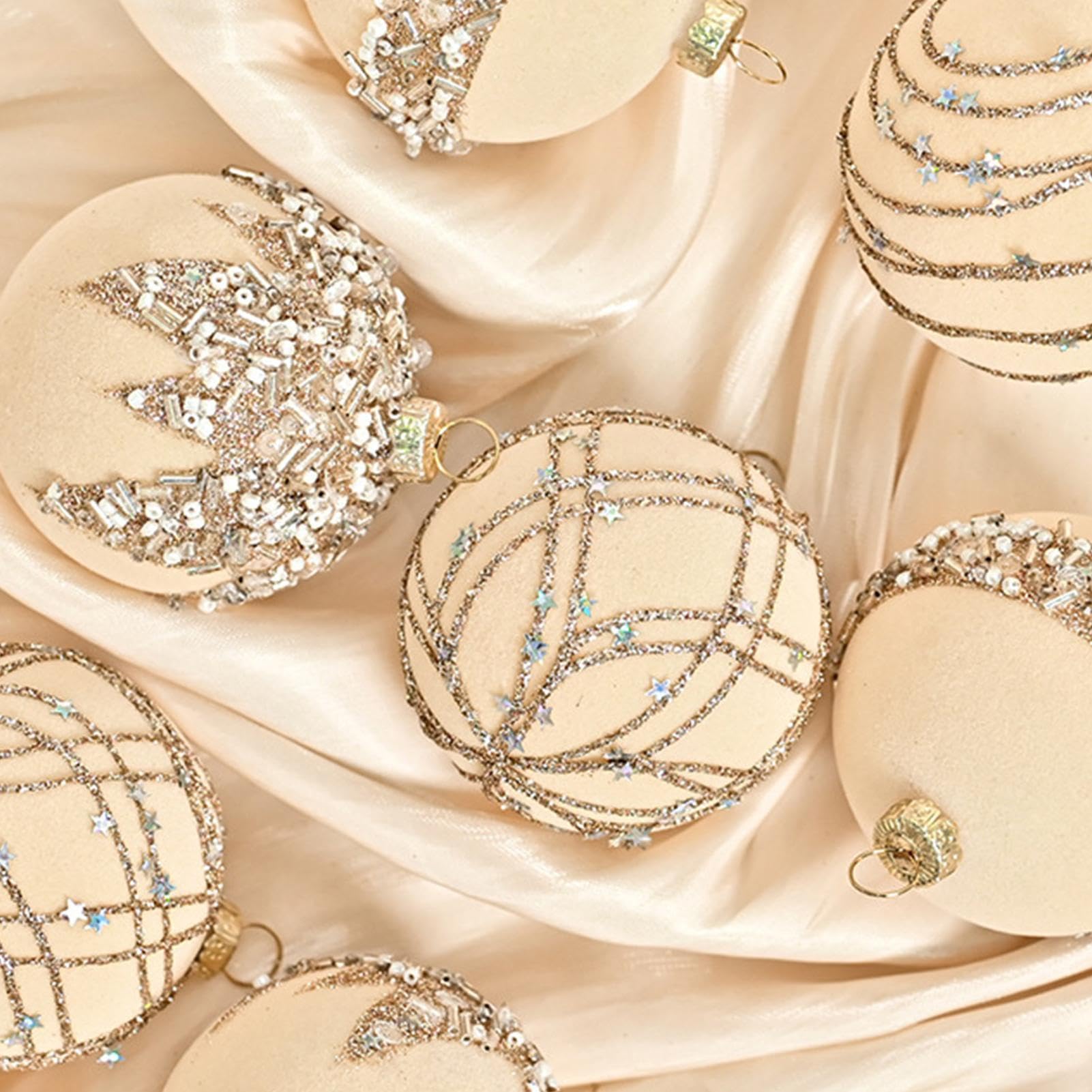 12 palline di Natale bordeaux, palline di Natale in velluto, palline di Natale floccate, decorazioni per albero di Natale glitterate, beige - 4