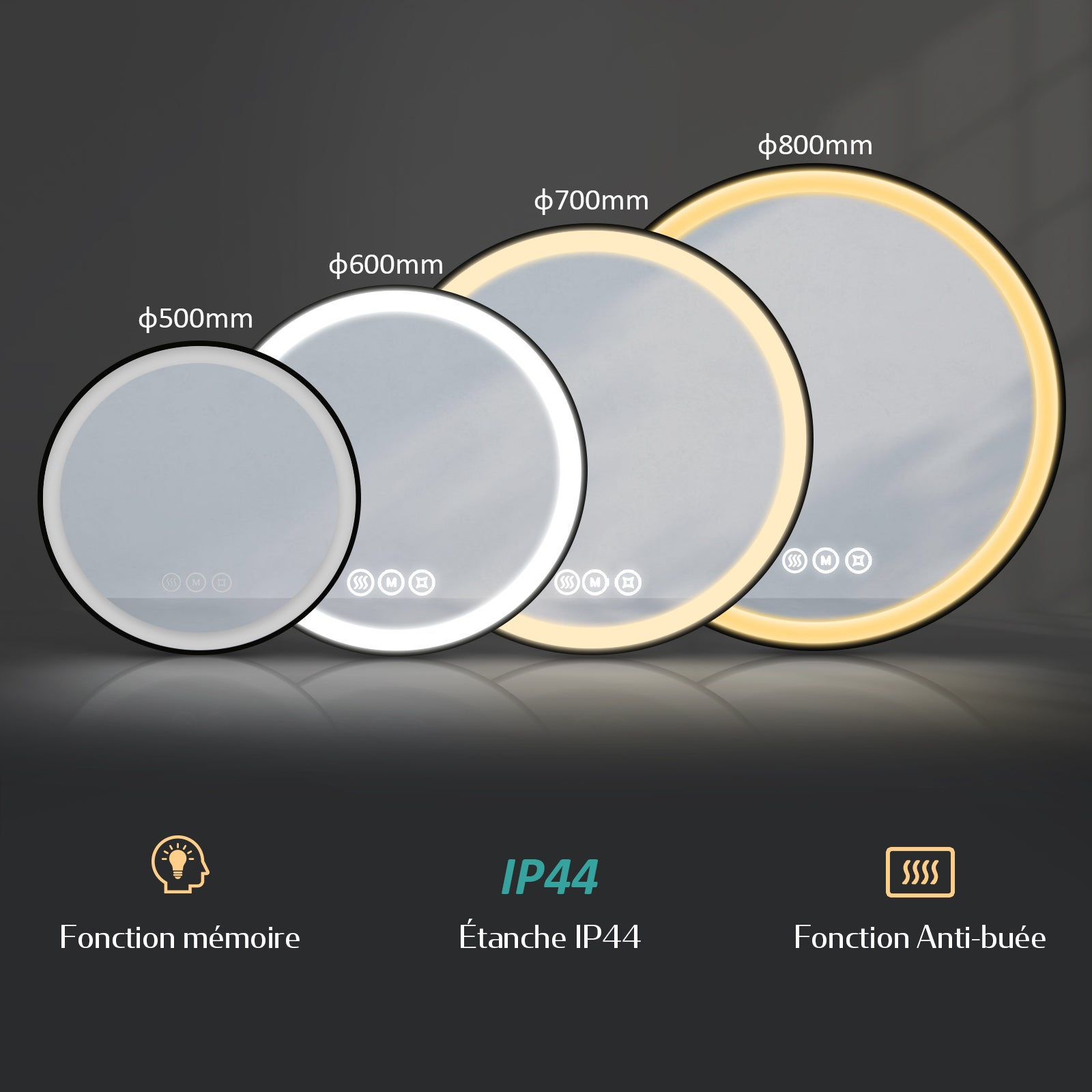 EMKE Miroir lumineux salle de bain rond diamètre 50cm cadre noir, Sangle réglable, Miroir LED, Interrupteur Tactile, Anti-buée, 3 couleurs Lumières - 5