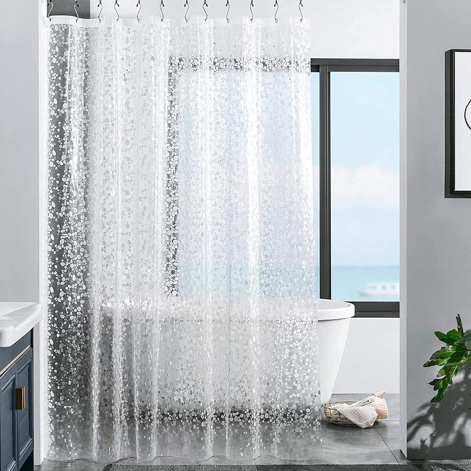 2 pieces 3D pattern transparent shower curtain lining, waterproof and