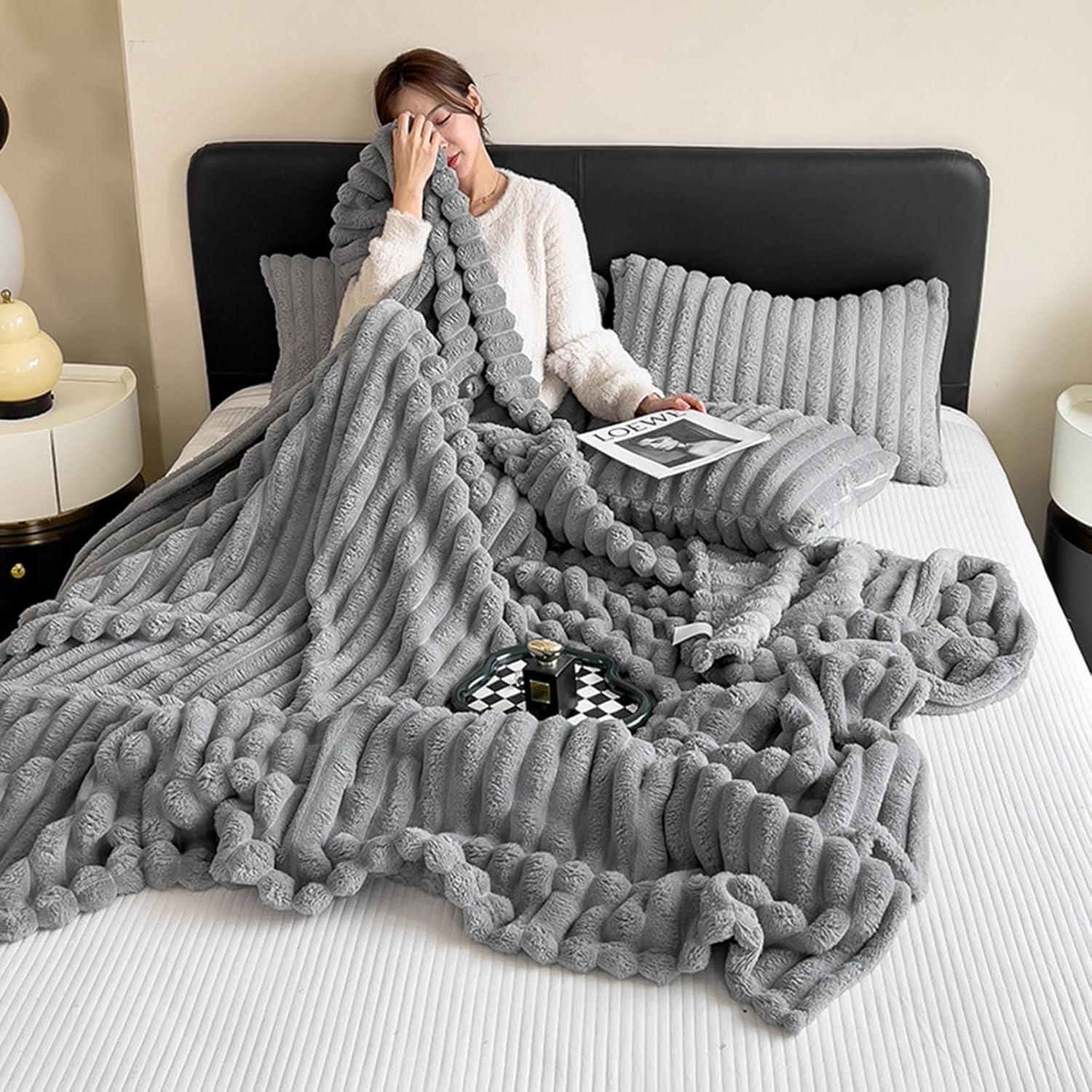 Couverture en laine, plaid, plaid de canapé, poils longs doux et confortable, hiver - gris - 120 × 200 cm - 5