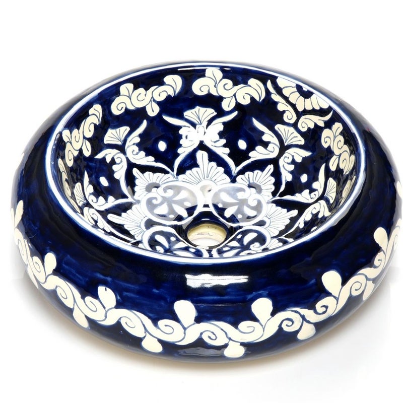 Meksykańska umywalka Felisa do montażu na blacie – okrągła umywalka łazienkowa nablatowa 40 x 13,5 cm | Ręcznie wykonana umywalka ceramiczna