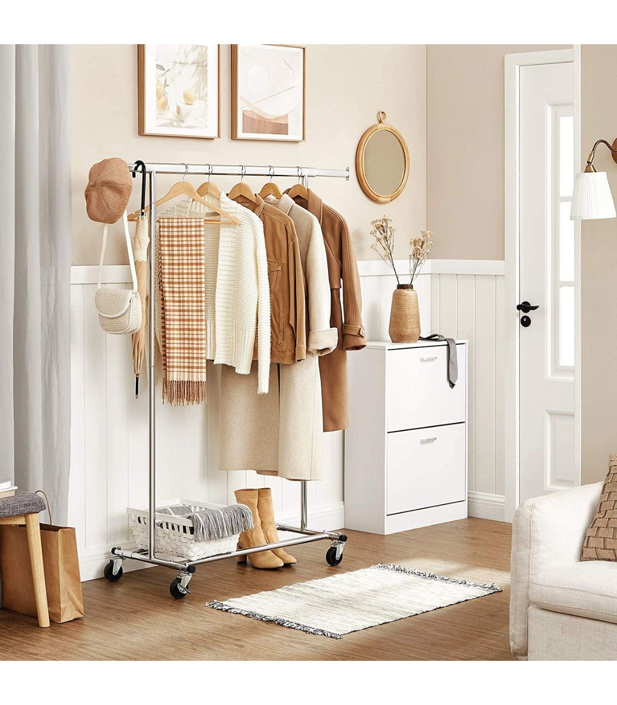 Portant à Vêtements avec Roulettes, Tringle Extensible pour Charge Lourde, Porte-manteau, Rangement Vêtement, Capacité de Charge 100 kg,Argent - 7