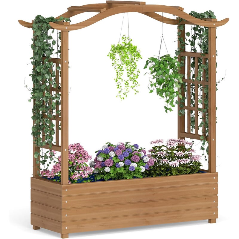 Podwyższona Skrzynka Roślinna z Bocznym & Górnym Treliśem, Skrzynka na Nogach z Drewnianym Treliśem, Ogródek Zewnętrzny dla Roślin Pnących