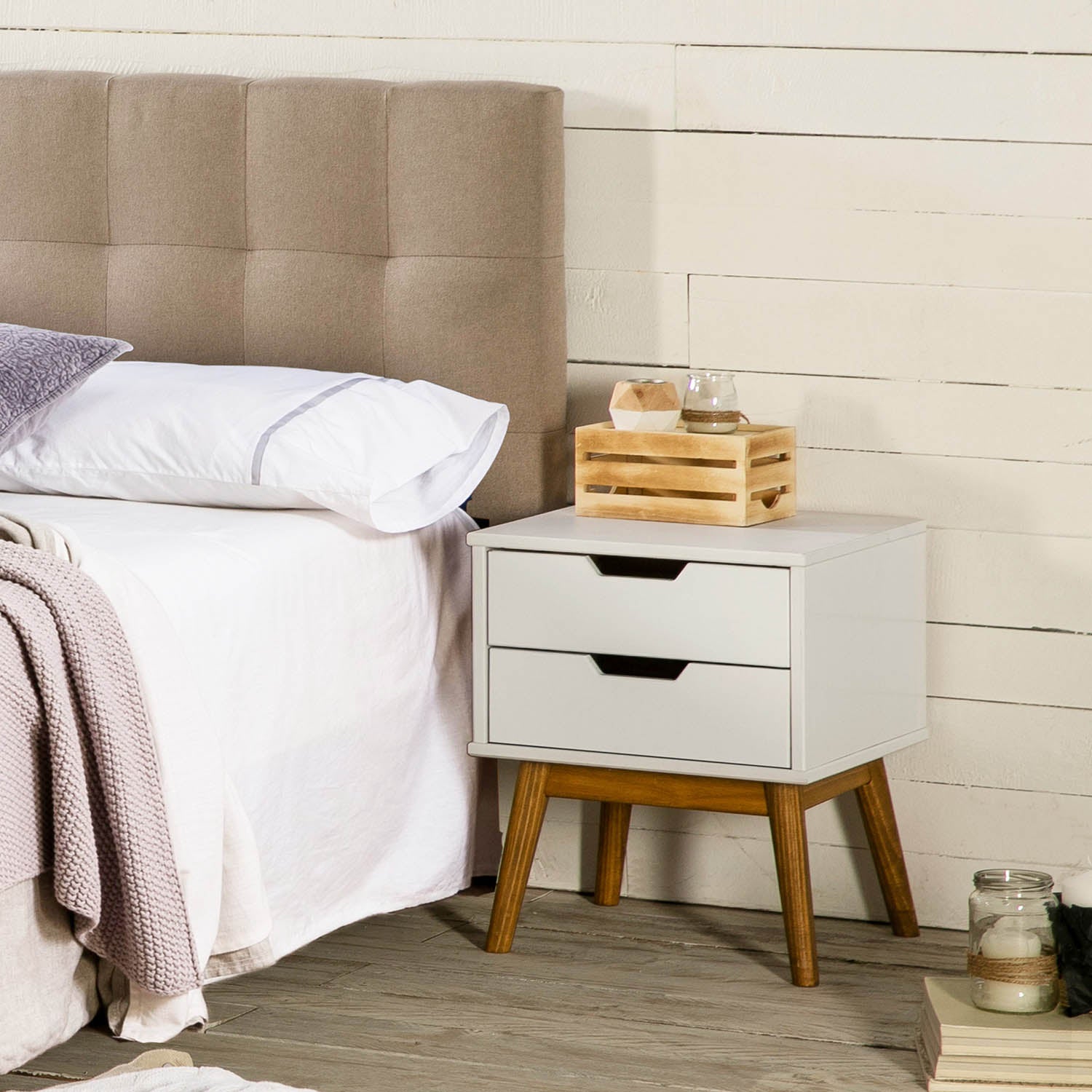 Comodino Baku 2 cassetti bianco, legno massello - 5