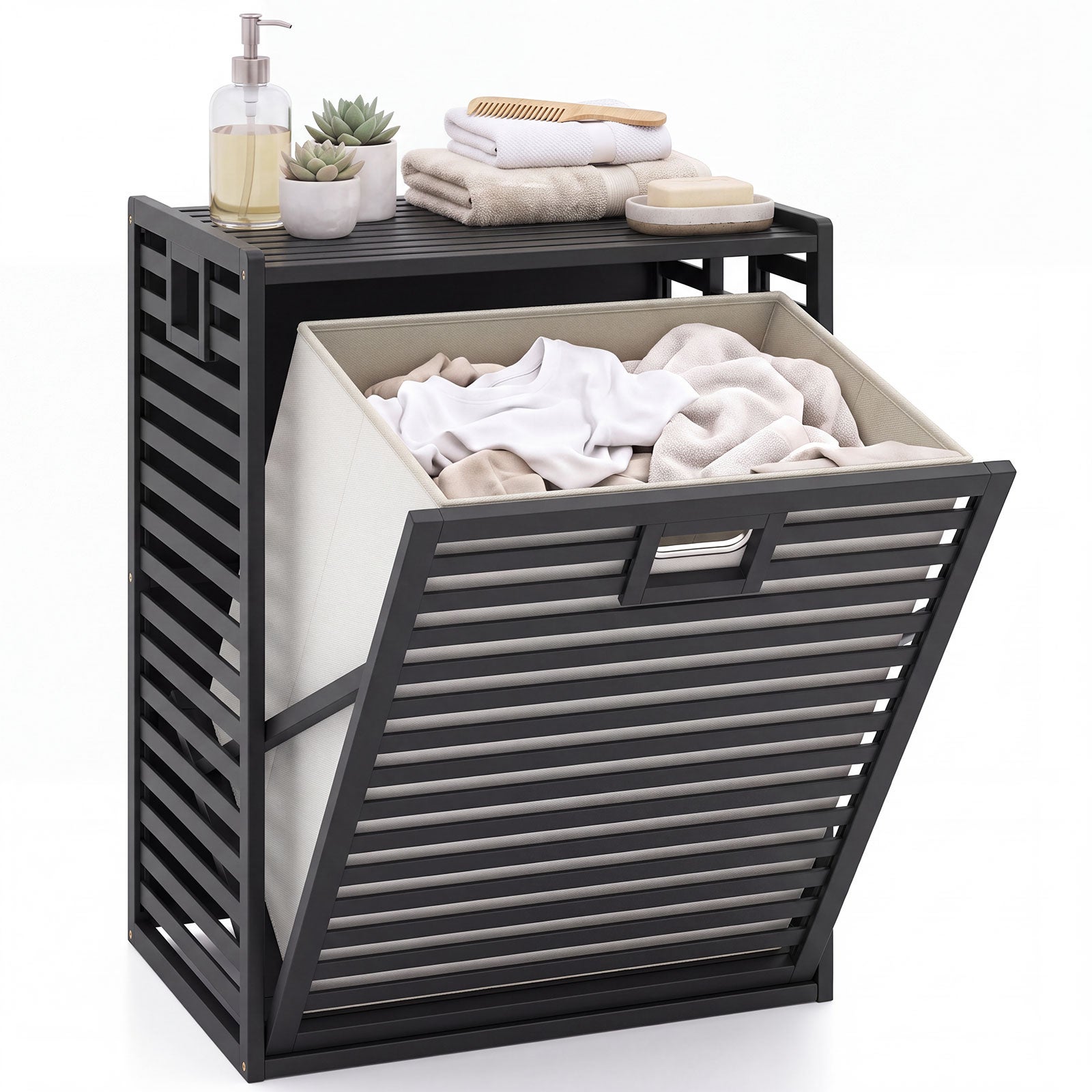 Coș de rufe din bambus natural cu sac detașabil de 68 L, raft superior practic, mânere laterale și orificii de aerisire, organizator versatil, negru 68000ml