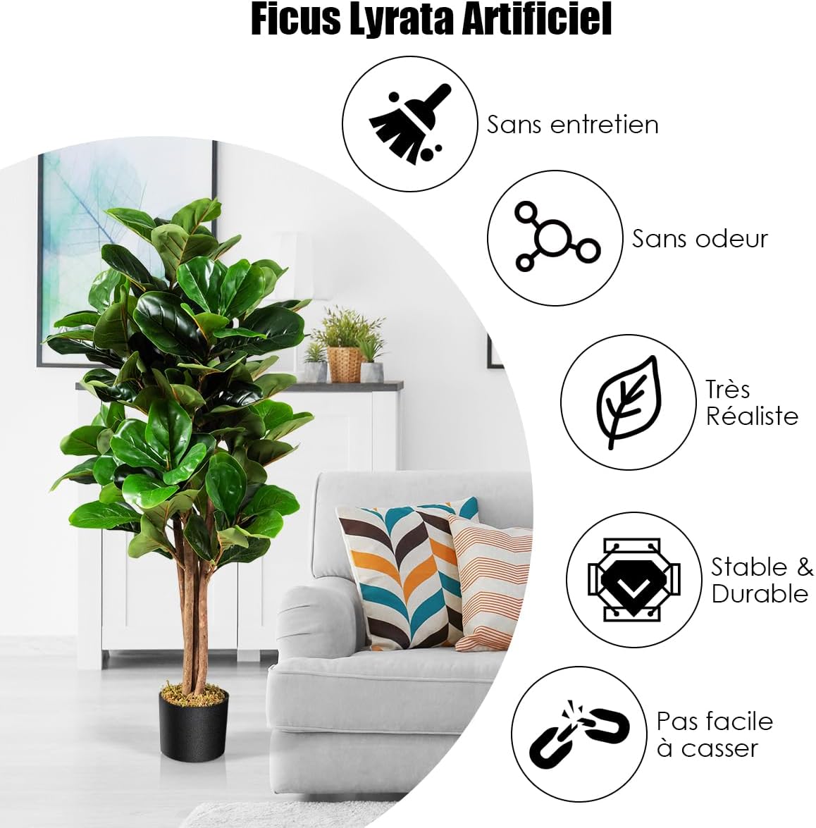 Ficus Lyrata Artificiale da 1,2 Metri, Pianta Finta con Foglie Realistiche in PEVA, Pianta Artificiale da Interno ed Esterno con Vaso in PP, I - 2