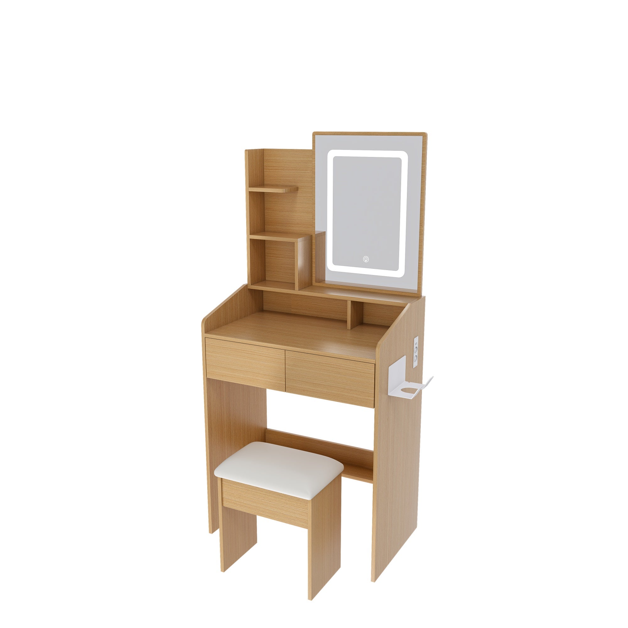 Coiffeuse avec miroir éclairé par LED, support pour sèche-cheveux et tabouret rembourré – Table compacte,L60 × H130 × P36 cm, finition bois naturel - 5