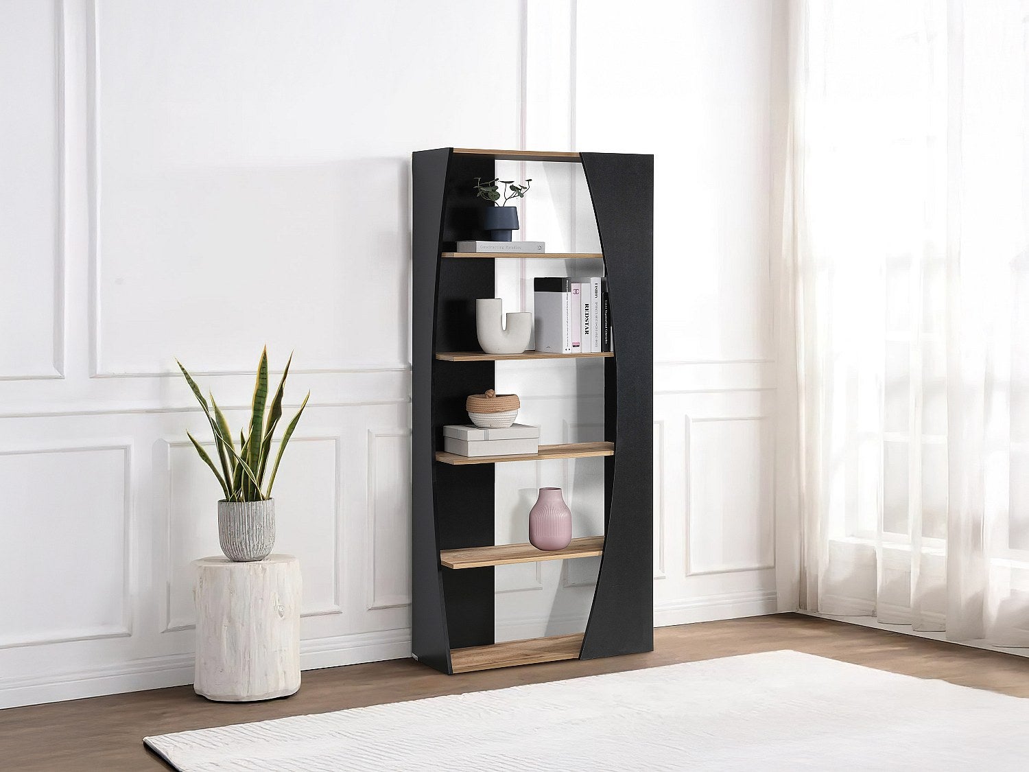 Biblioteczka z 5 półkami - Czarny i Naturalny - JILORA