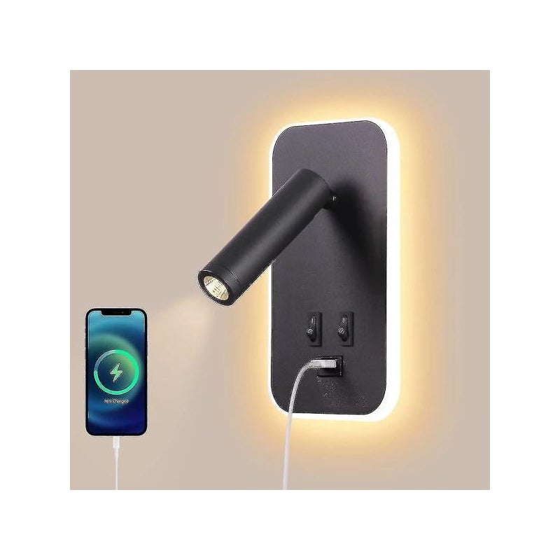 Kinkiet LED, lampka nocna z włącznikiem, port ładowania USB, regulowany spot do oświetlenia pokoju (3w 3000k + 9w 6000k) Czarny