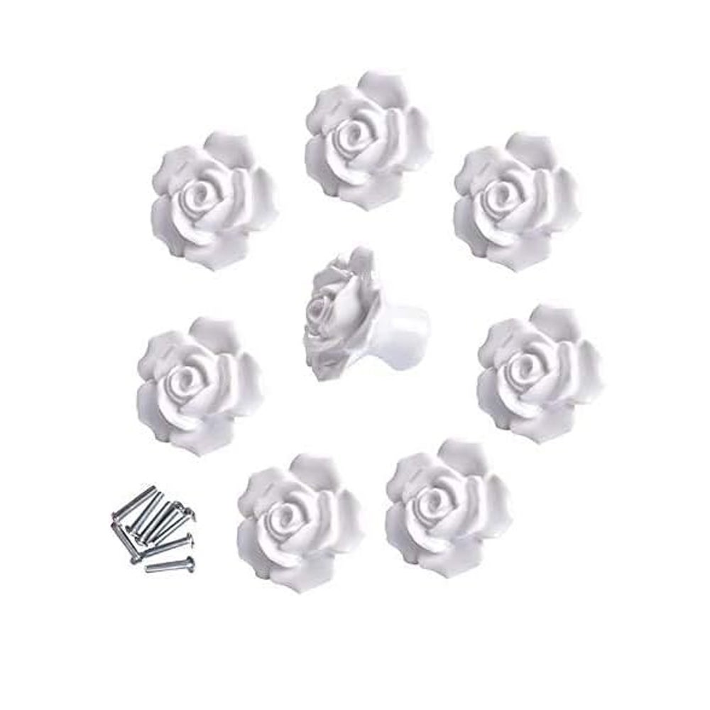 Zestaw 8 ceramicznych uchwytów w kształcie kwiatów, eleganckie białe ceramiczne uchwyty w kształcie róży do szuflad meblowych i szafek.