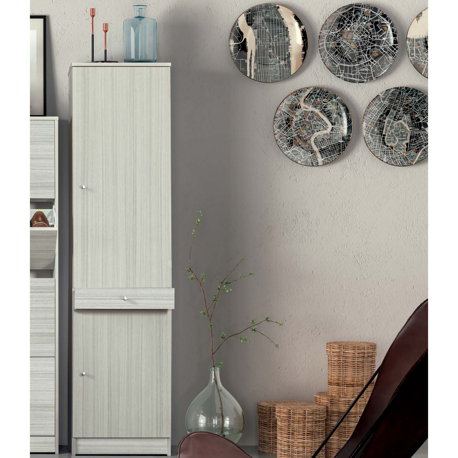 Meuble colonne 2 portes, 1 tiroir, 46 L x 34 P x 183 H – Finition blanc lisse – Sarmog - 6