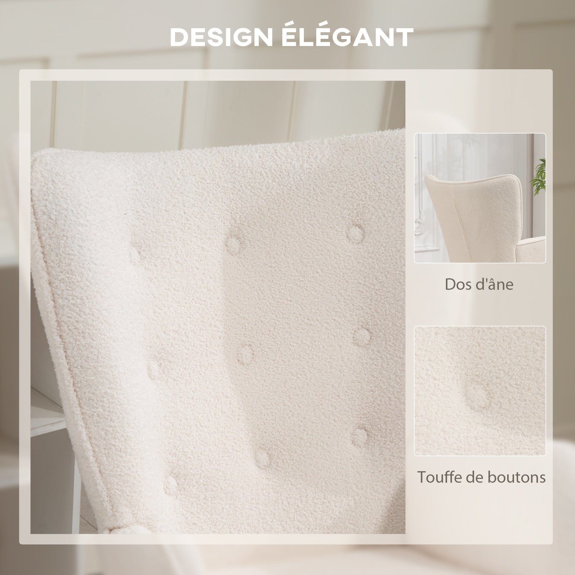 Fauteuil de salon en tissu bouclé, capitonné et rembourré, pieds en bois, 71 x 74 x 96 cm, beige - 6