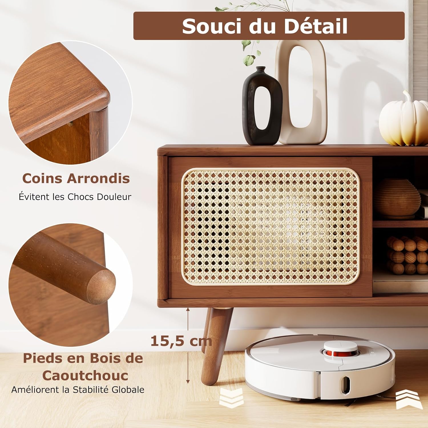 Meuble TV en Bambou avec 4 Compartiments pour TV 55