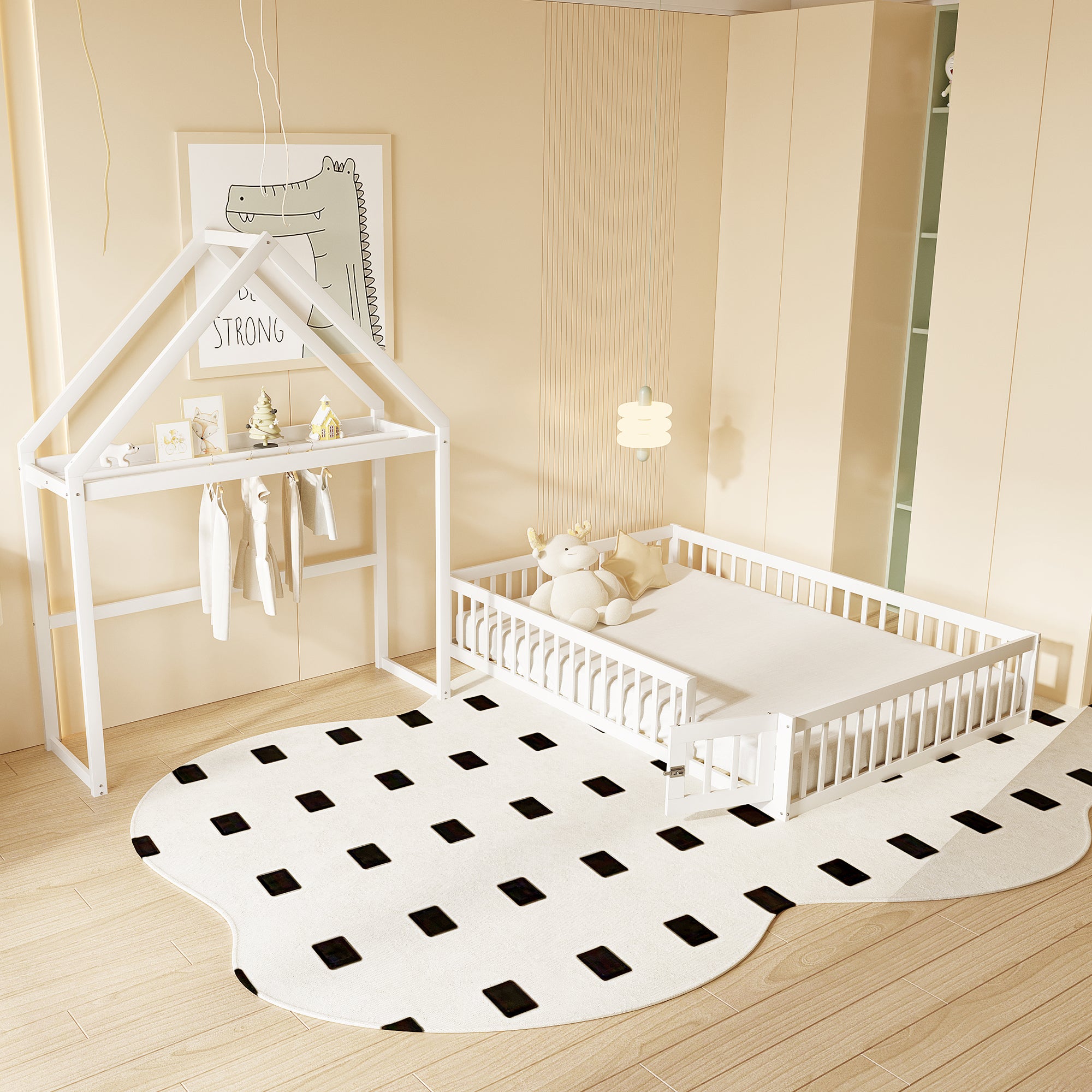 Trdlpyn Letti per Bambini 140 x 200 cm, Montessori Letto a Terra per Bambini con Rete a doghe, Protezione Anticaduta, Struttura Letto per Bambini in Legno Massiccio, Rosa