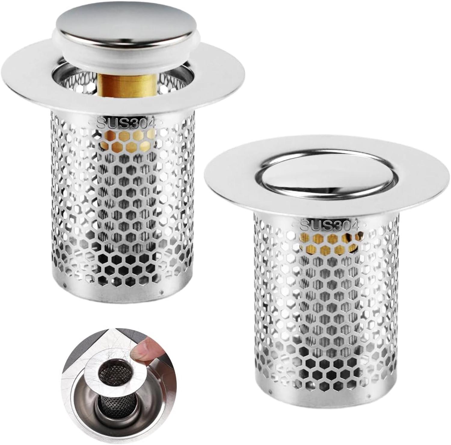 Zamety 2 Pcs Bonde de Lavabo Pop Up, Bouchon Baignoire Anti-colmatage, Passoire Evier Inoxydable, Bouchon Evier Cuisine avec Noyau en Cuivre, Chacun avec 2 Joints, pour Orifice de Vidange 34~40 mm