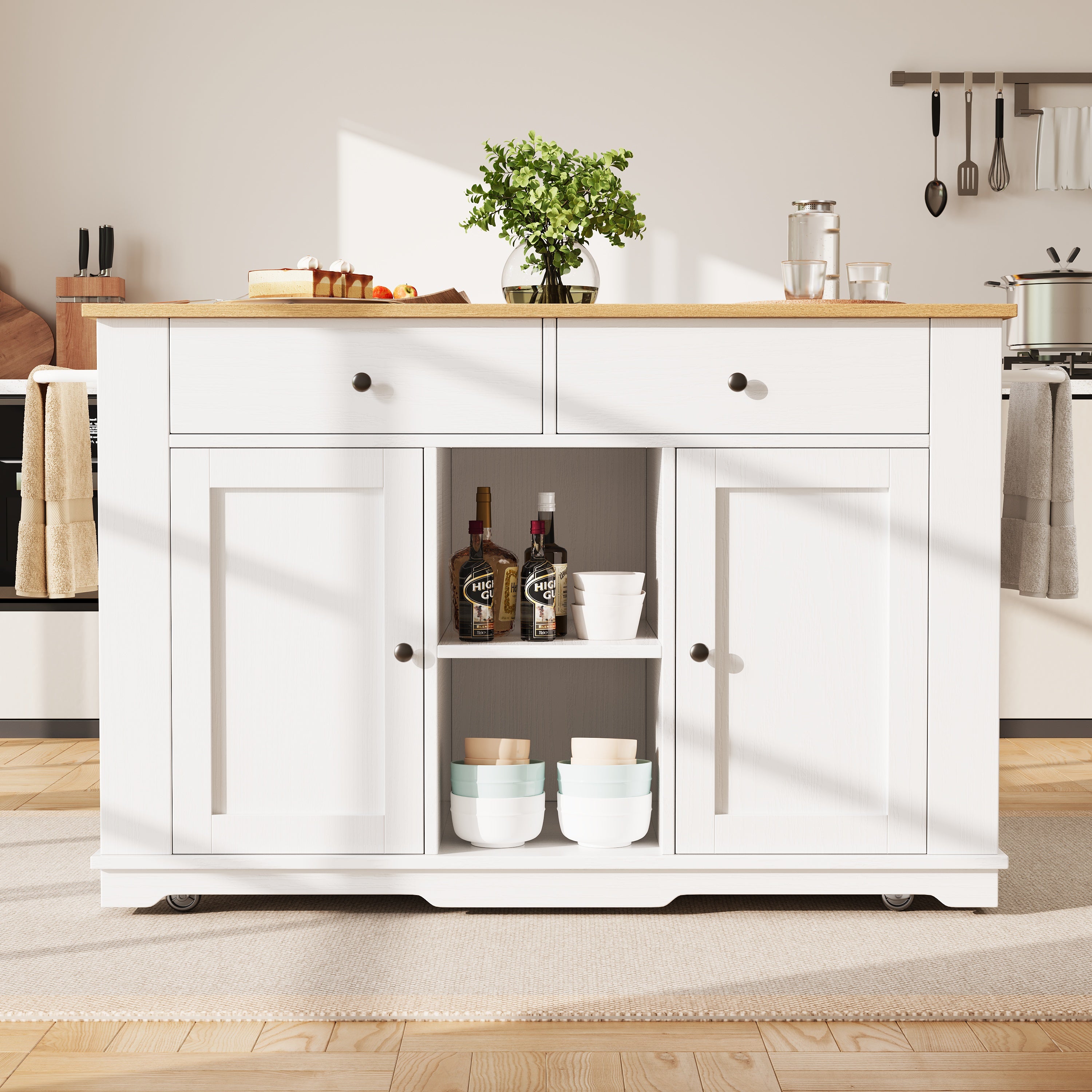 Ilot central 120 cm bois blanc plan de travail gris anthracite - TIBO
