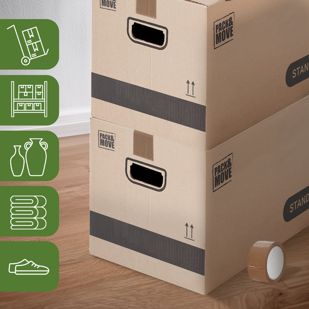 Pack and Move - Lot 40 cartons déménagement stockage standard - 60 x 30 x 30 cm - Poignées renforcées - 2 adhésifs offerts - 6