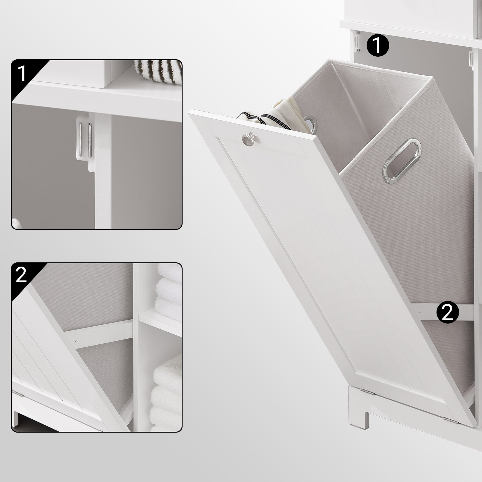 SoBuy Columna de Baño, Armario Alto con 2 Puertas y 2 Cajones, 6 Estantes y 1 Cesto para Ropa, Blanco, BZR104-W - 9