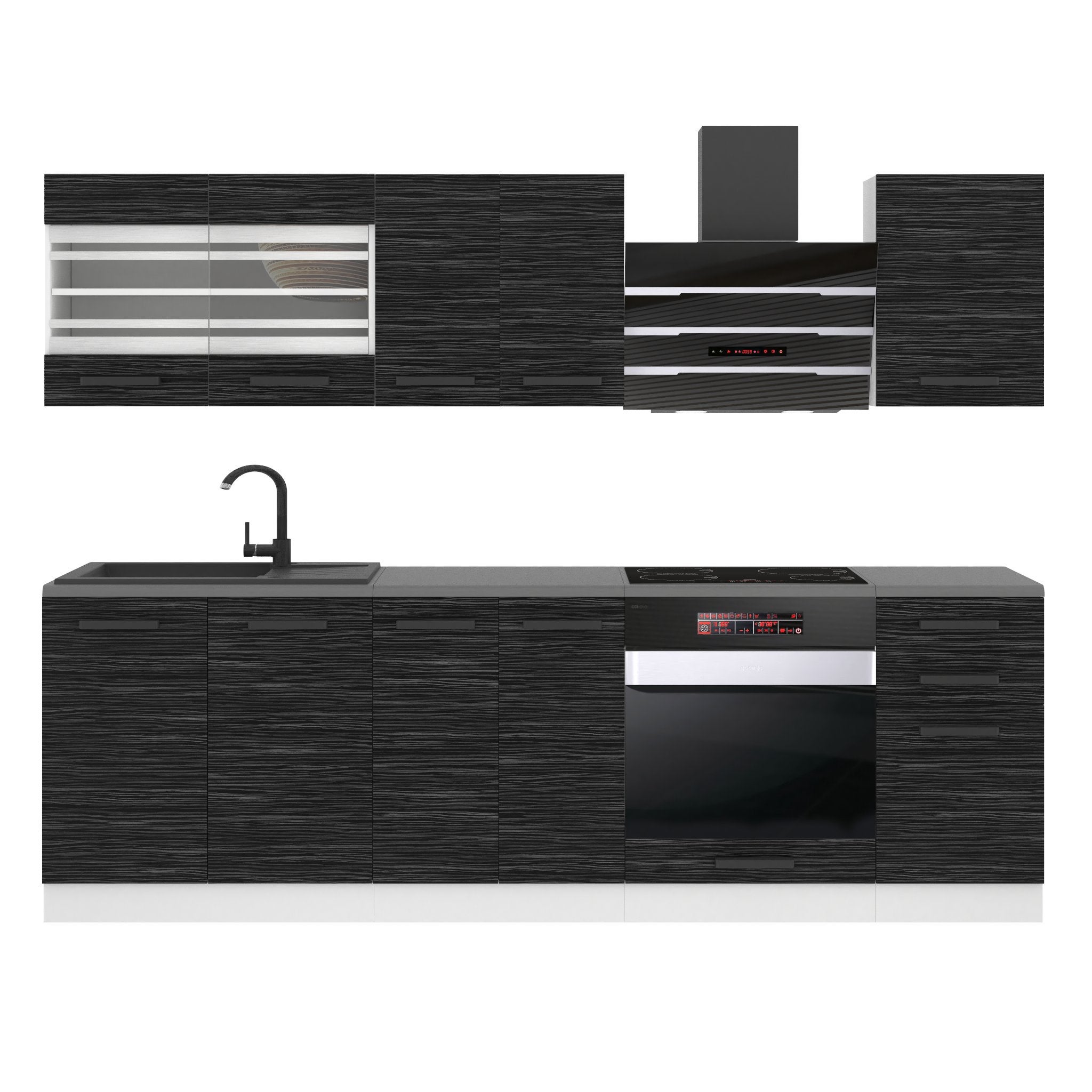 Cuisine Complète Belini Margaret 240cm Sans Plan De Travail - Ébène Royal, Portes Brillantes, Tiroirs Métal