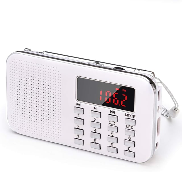 Petite radio portable rechargeable avec batterie rechargeable de 1 200 mAh et éclairage de secours, mini USB/SD/AUX (blanc)