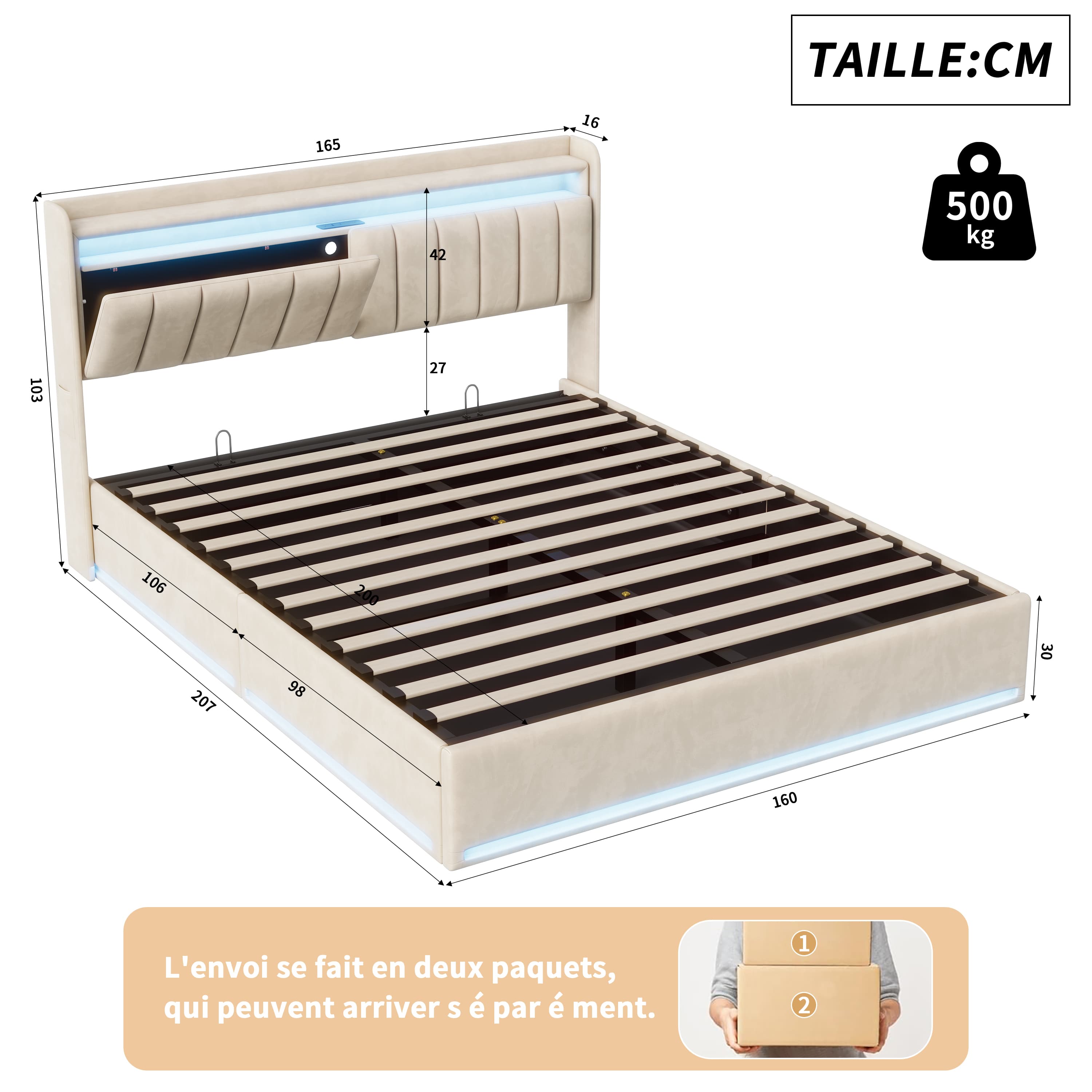 Lit coffre 160x200cm avec LED et ports USB, lit double avec espace de rangement et tête de lit, cadre de lit rembourré à lattes, velours, beige - 5