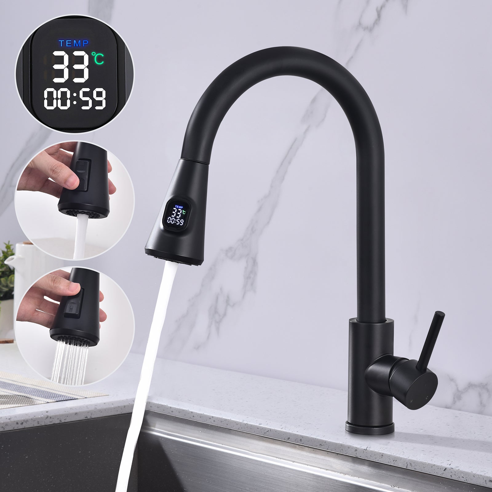 Bateria kuchenna z wyświetlaczem temperatury LED, stal nierdzewna 304, obrotowa 360°, z wyciąganą słuchawką prysznicową z dwoma strumieniami, czarna