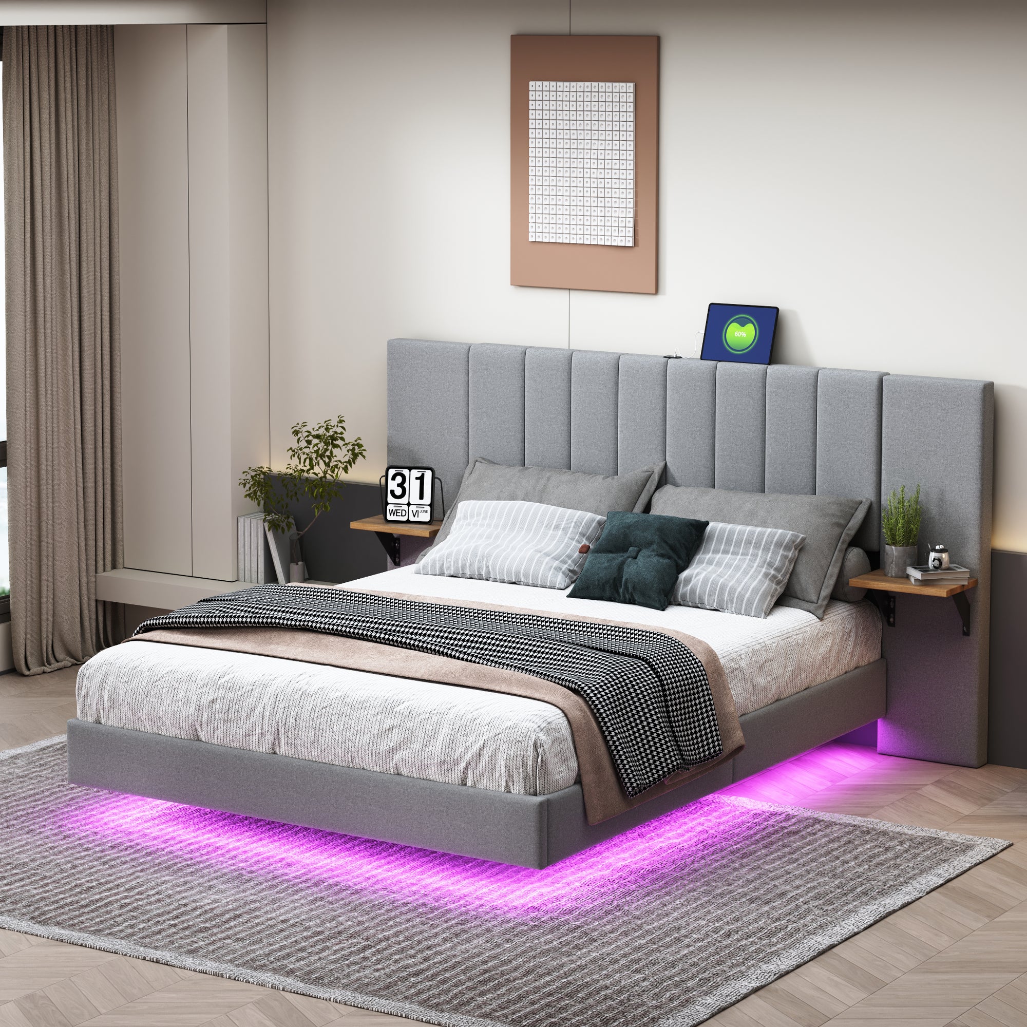 Letto imbottito 140 x 200 cm con 4 cassetti ed elegante testiera imbottita - LED - Velluto - Grigio (senza materasso) | Leroy Merlin