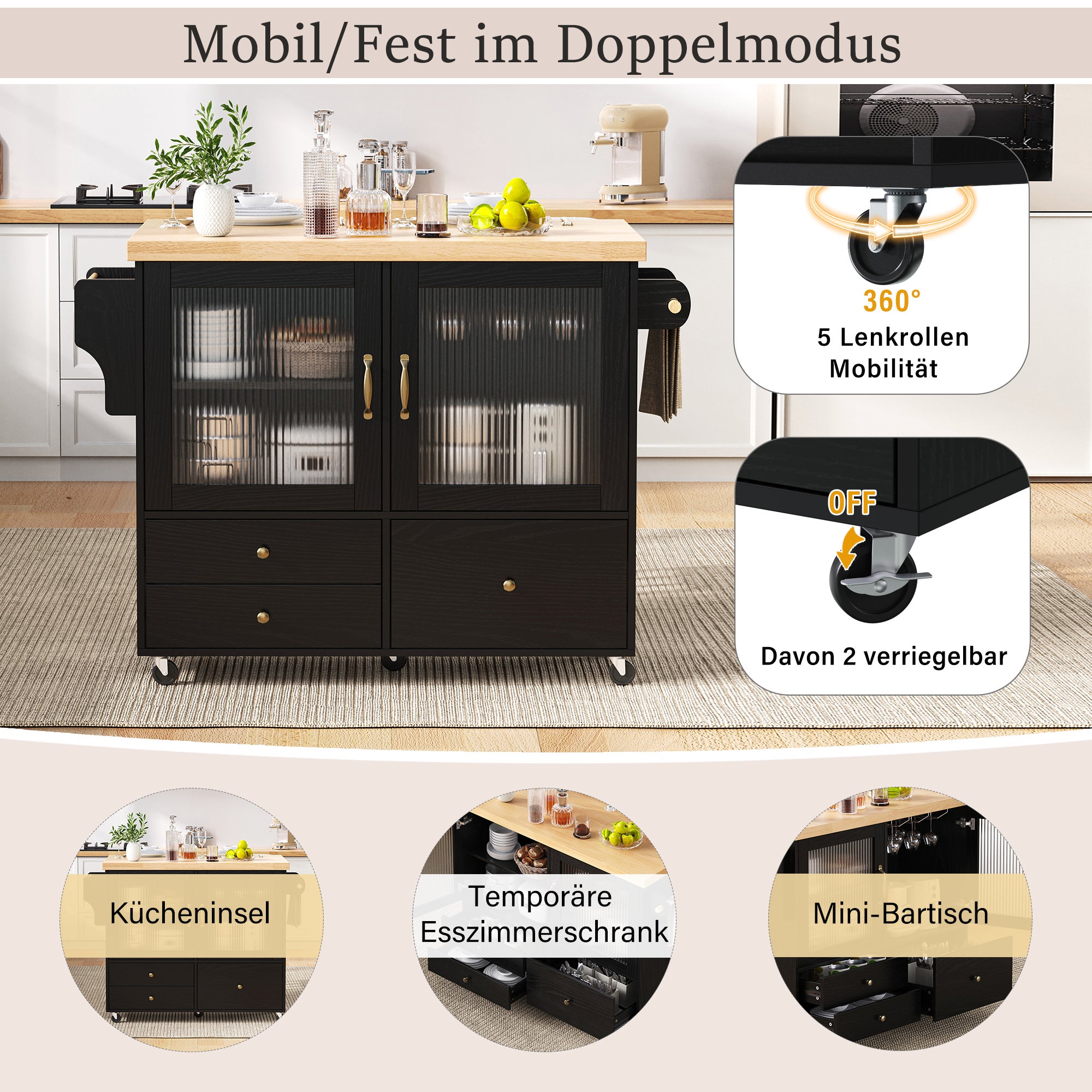 Mobilna wyspa kuchenna z 3 szufladami i 2 drzwiami - 100 x 42/70 x 91,5 cm - MDF - Rozkładany blat - Czarny + naturalny - 9