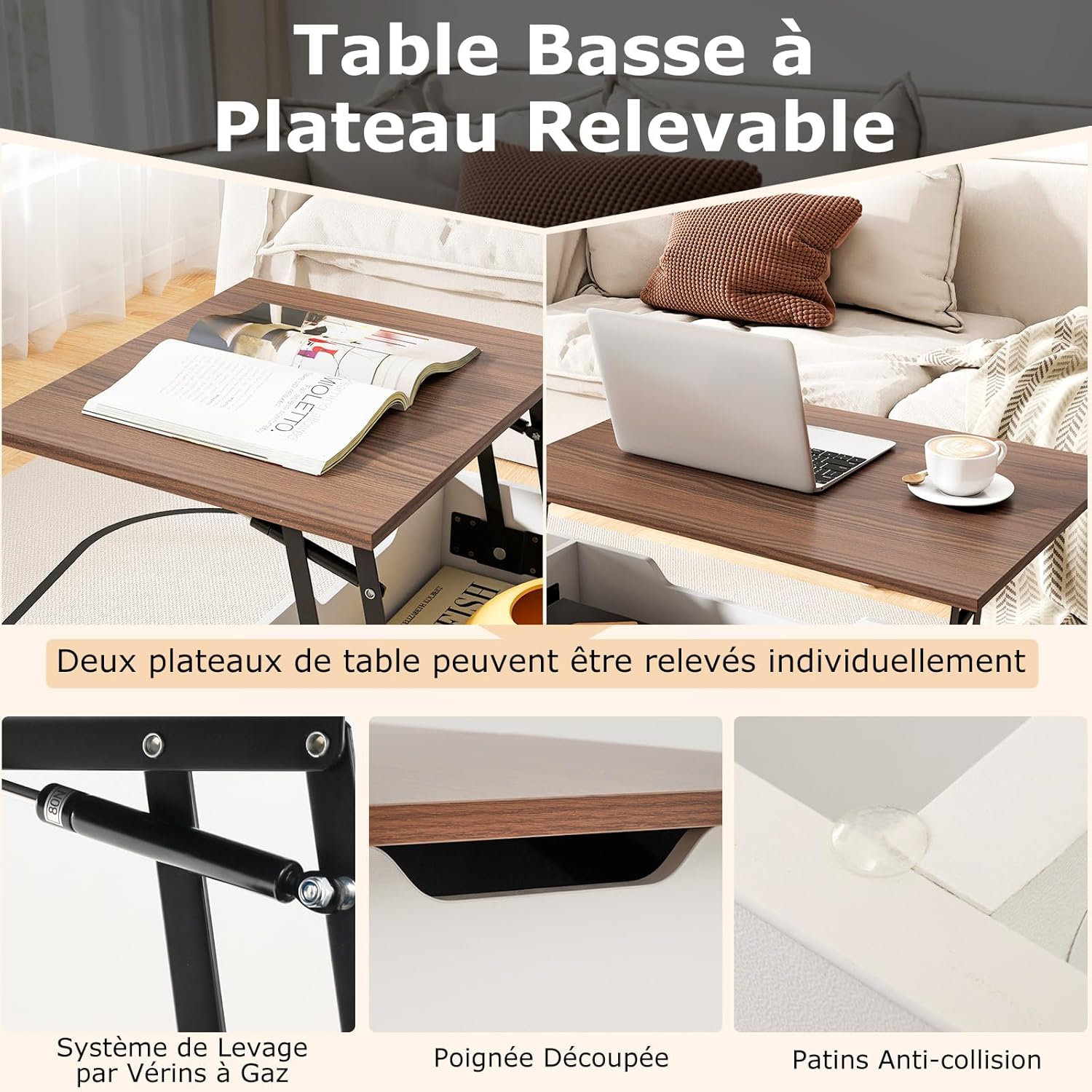 Tavolino ribaltabile con contenitore, tavolino da salotto con ripiano ribaltabile, per ufficio, 111 x 48 x 40-53,5 cm (bianco+noce) - 5