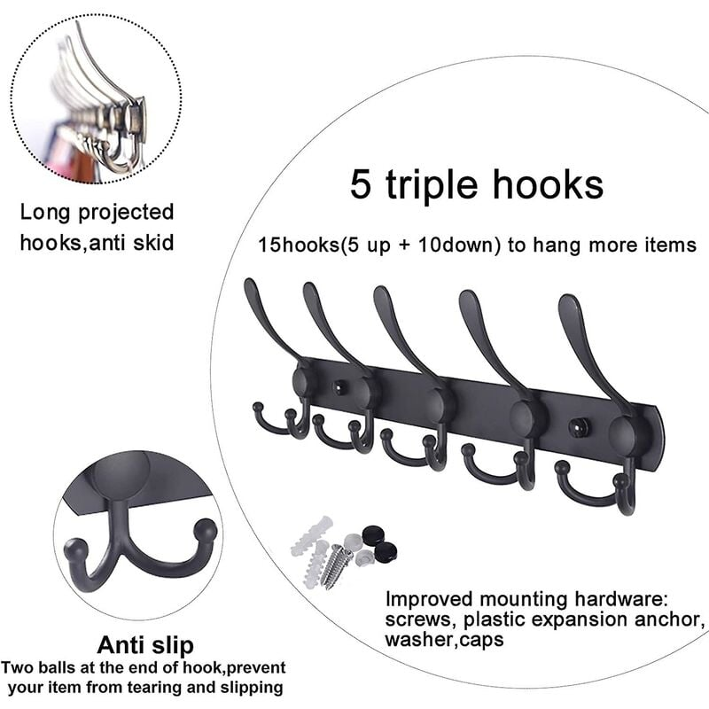 Porte manteau mural, 5 patères inox, patères salle de bain, salon - 40 cm, noir - 2