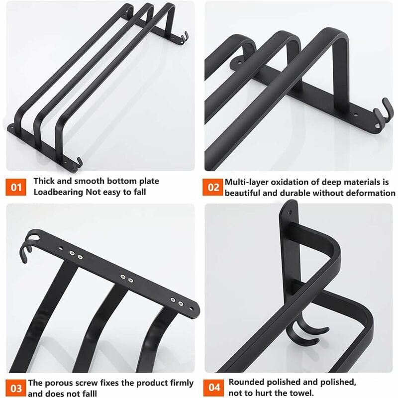 Wieszak ścienny na ręczniki aluminiowy - trzypoziomowy - z haczykami - 60 cm - wodoodporny - czarny - 2