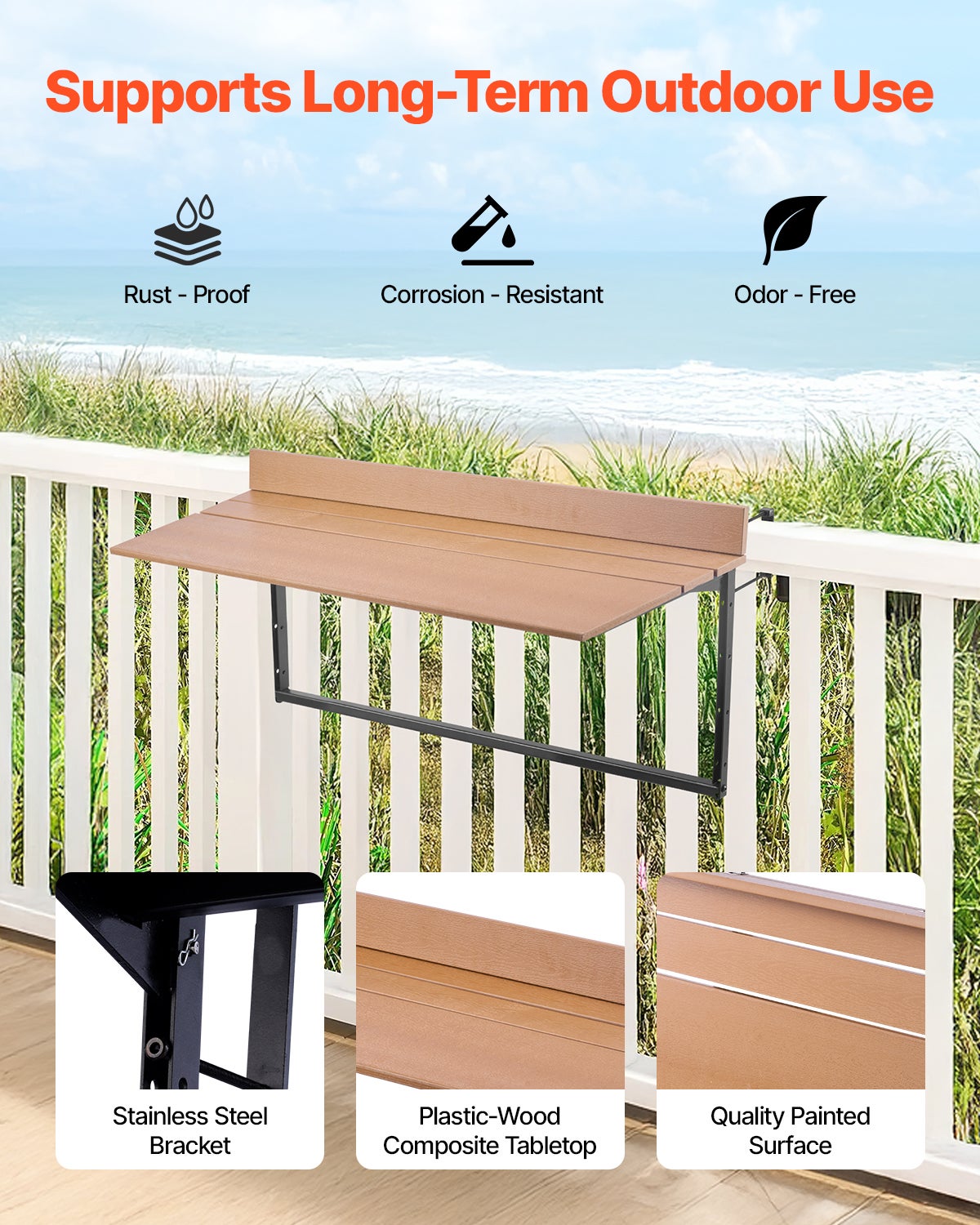 Table Suspendue Balcon,VEVOR 1000 x 485 x 480 mm,Table Pliante pour Balustrades Extérieures,avec Plateau 1000 x 345 mm,Réglable sur 5 Niveaux - 2