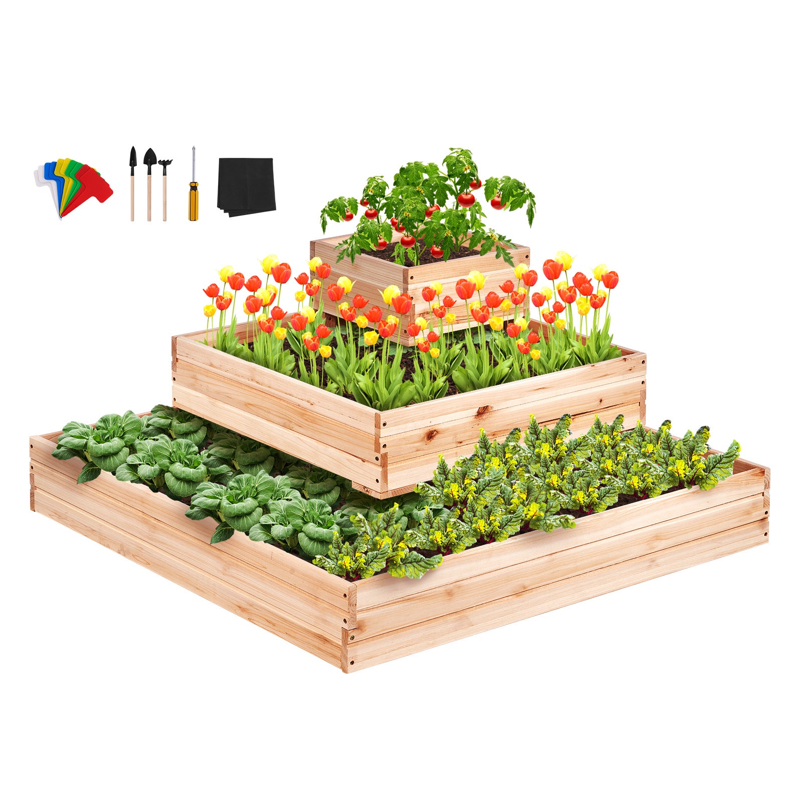 Jardinière surélevée SucceBuy 3,7 x 3,7 x 1,7 pi,jardinière en bois pour fleurs/légumes/herbes aromatiques,base ouverte pour jardin/terrasse/balcon - 3
