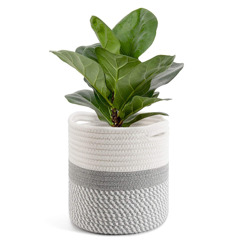 Jasnoszary i biały kosz na rośliny, 28 x 28 x 28 cm, 1 sztuka, pleciony bawełniany kosz do przechowywania roślin doniczkowych, dekoracja domu
