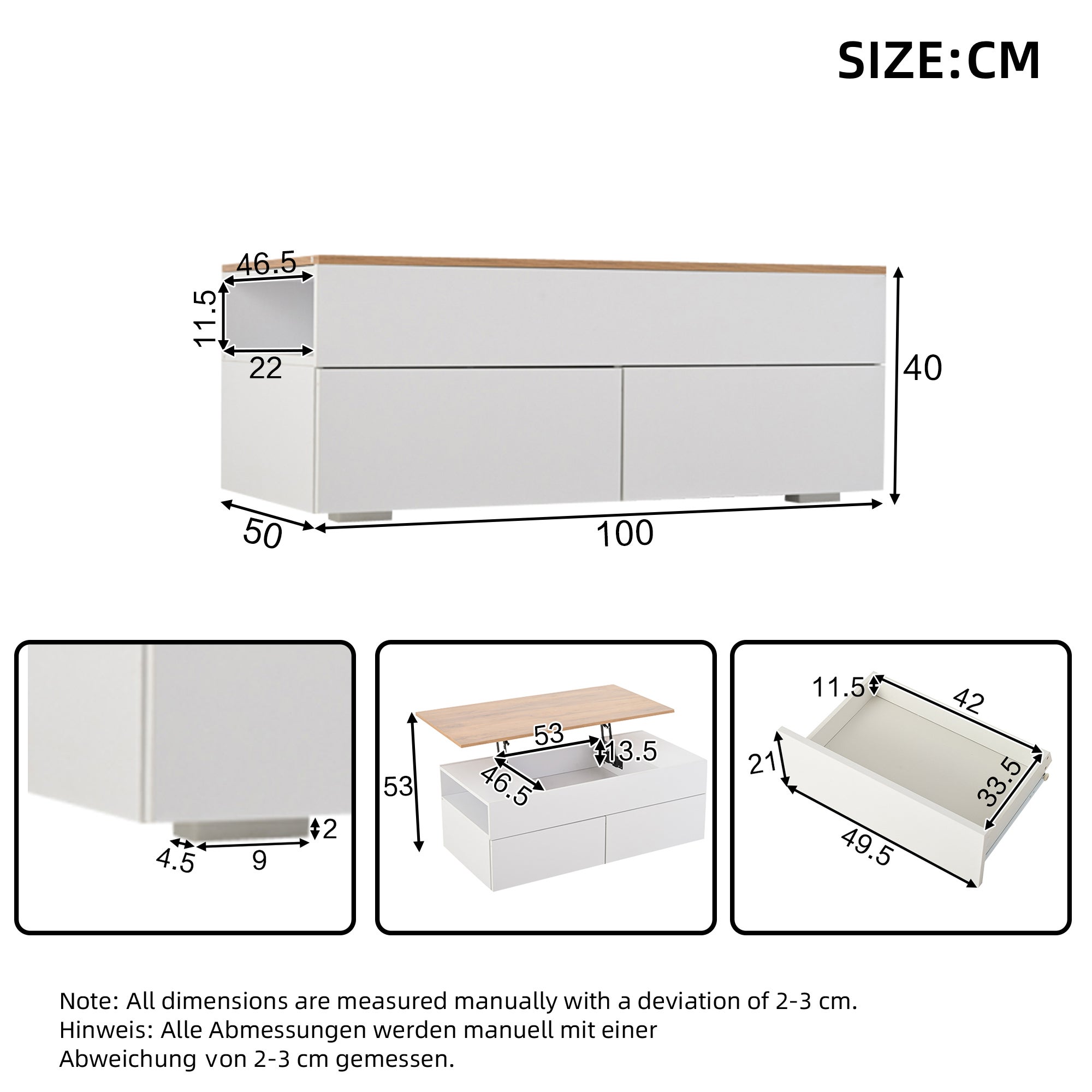 Table basse avec plateau relevable et 2 tiroirs - 100 x 50 x 40 cm - Panneau de particules - Blanc + bois - 4