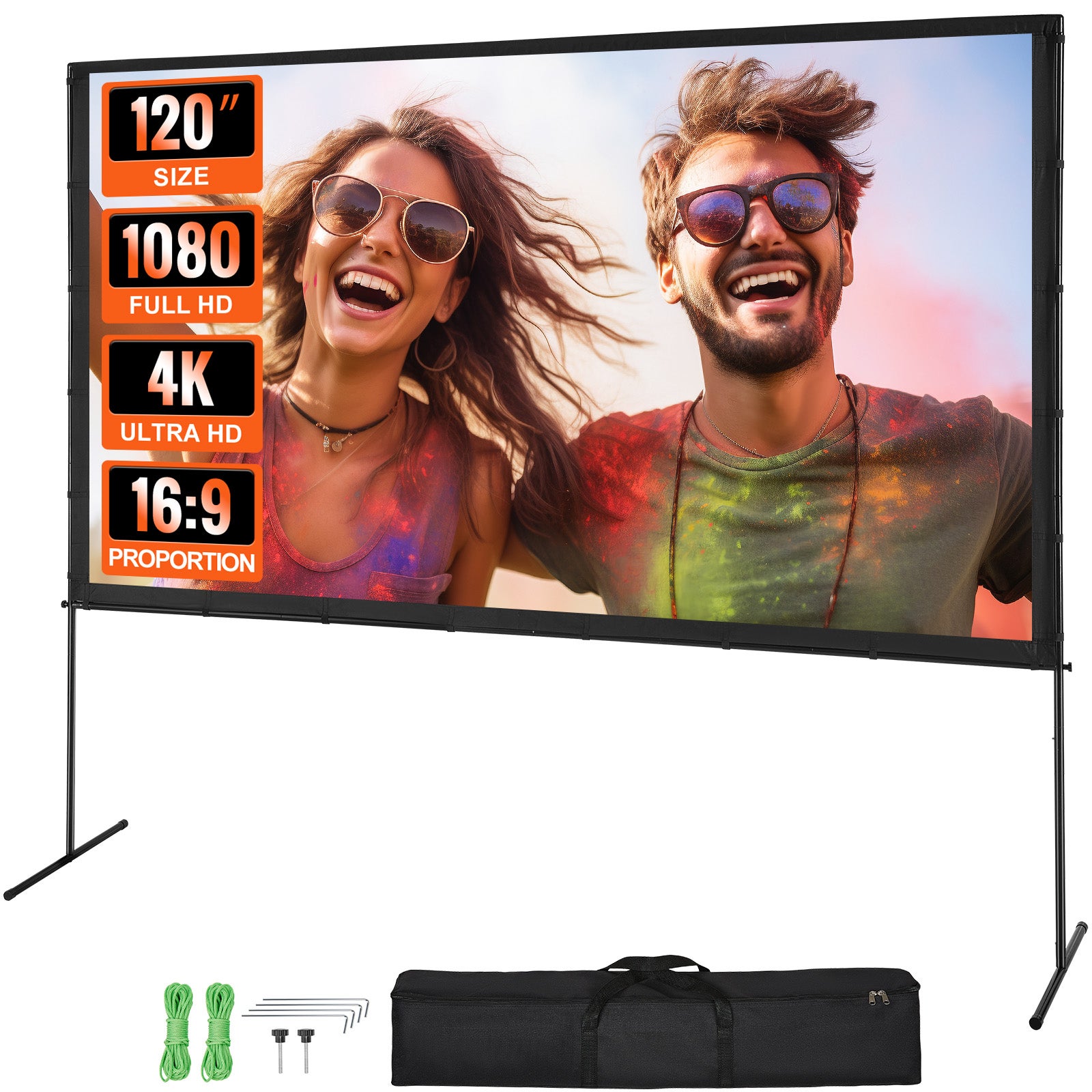 Ekran projekcyjny ze stojakiem 120 cali HD 4K zewnętrzny ekran projektora do wnętrz Szybko składany przenośny ekran filmowy 16:9 do kina domoweg VEVOR