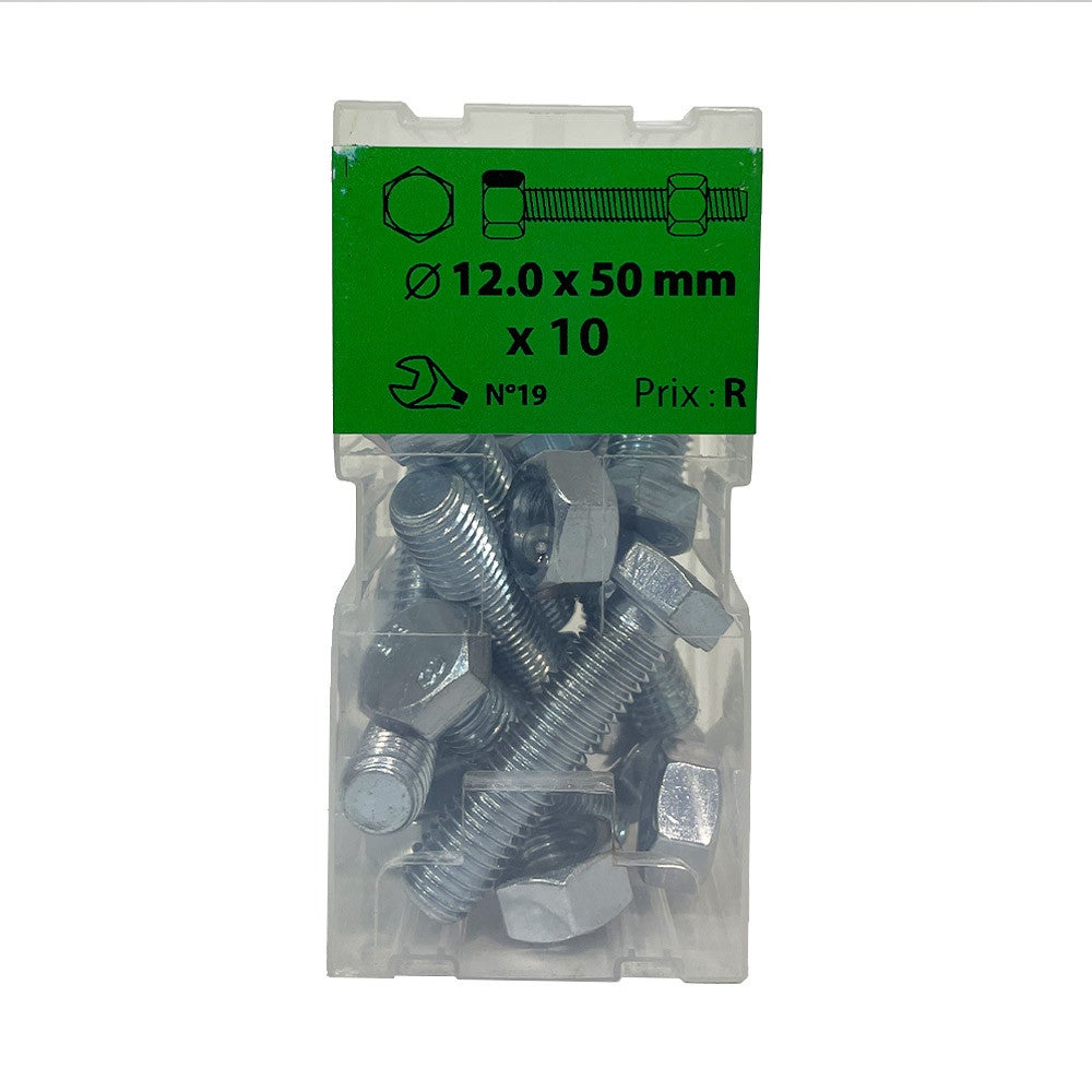 Boite 10 vis 12 x 50mm tête hexagonale + écrou classe 8.8 zingué ...