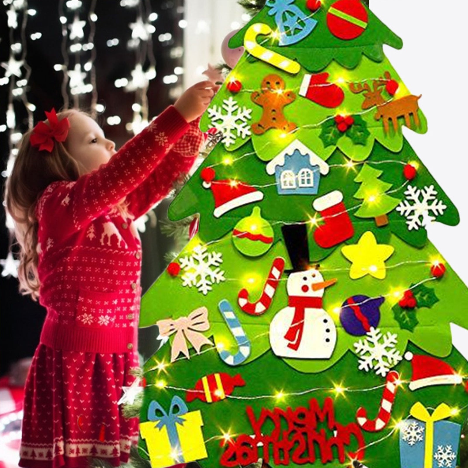 Ensemble de sapin de Noël en feutre à faire soi-même pour enfants, décoration de Noël à suspendre avec 50 LED, pour porte/mur - 8