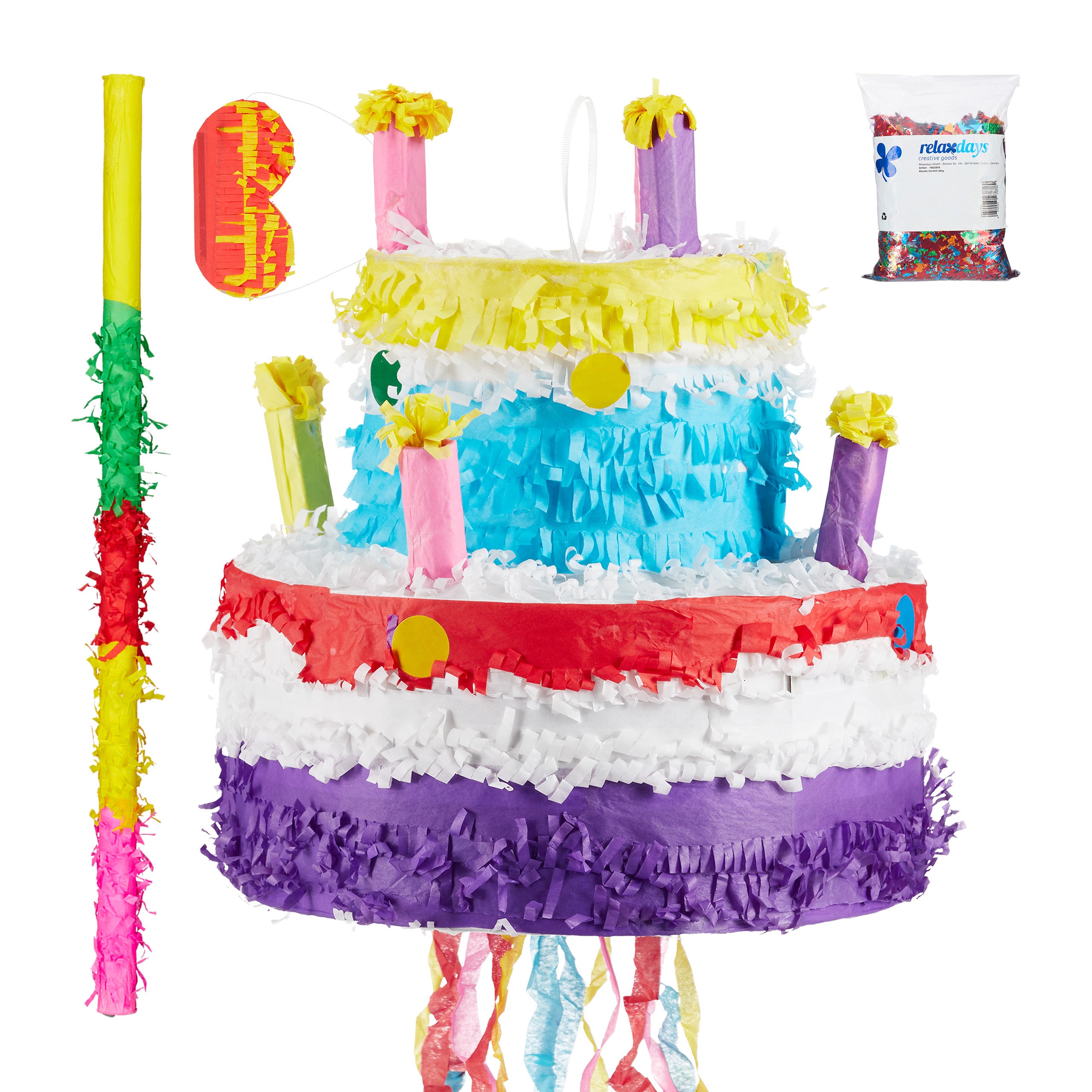 Relaxdays set de piñata tarta de cumpleaños xxl, palo, antifaz y confeti, papel, multicolor, 32 x 30 cm
