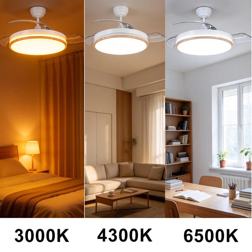 Ventilateur de plafond avec lumière LED rétractable 106 cm, 3 pales, puissance totale 72W, sans application, avec télécommande, programmateur - 3