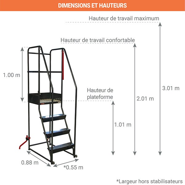 Escabeau 4 marches pour rayonnage - Hauteur de travail max. 3.01m - 830008729 - 2