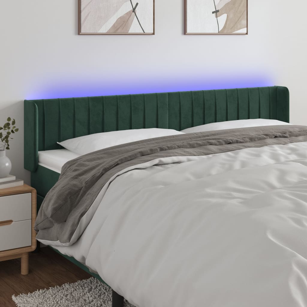 Cabeceira cama，Painel de cabeceira c/ luzes LED veludo 163x16x78/88 cm verde-escuro CFW37429 - 2